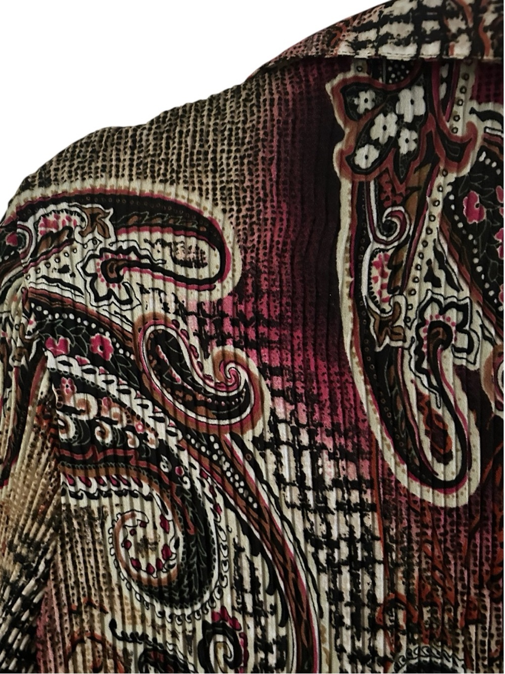Sioni Paisley Ruffle Button-Down Top - Burgundy, Beige, Black - Picture 7 of 9